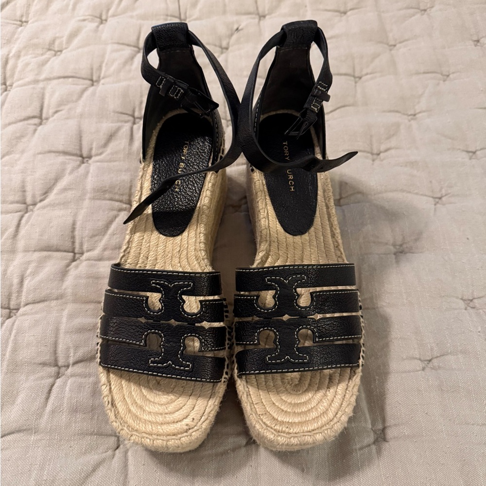 Tory Burch Black and Tan Espadrille Sandals